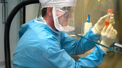 Scientist in protective clothing holding a sample in a virus laboratory