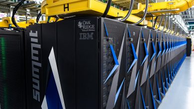 Rows of supercomputer cabinets in a data centre hall