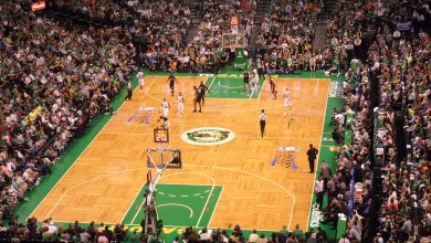 NBA game in progress at a packed Boston arena