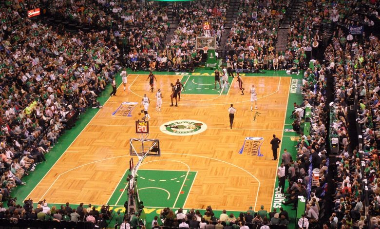 NBA game in progress at a packed Boston arena
