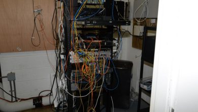 blue network cables organised in a server room