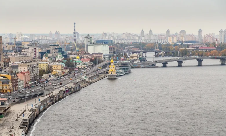 Kyiv skyline and the Dnipro river with bridges in Ukraine
