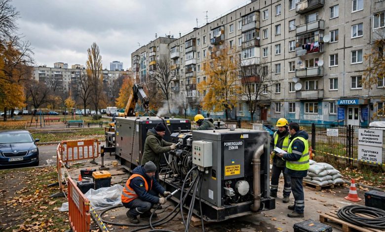 Backup generators installed beside a residential district in Kyiv ahead of winter