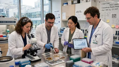 Researchers working on a personalised cancer vaccine in a laboratory