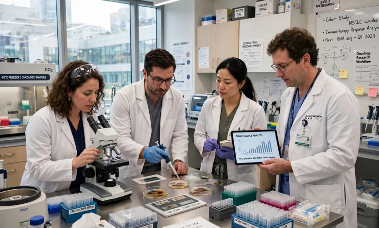 Researchers working on a personalised cancer vaccine in a laboratory