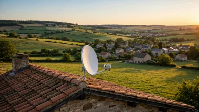 Satellite dish on a rural farmhouse roof at golden hour