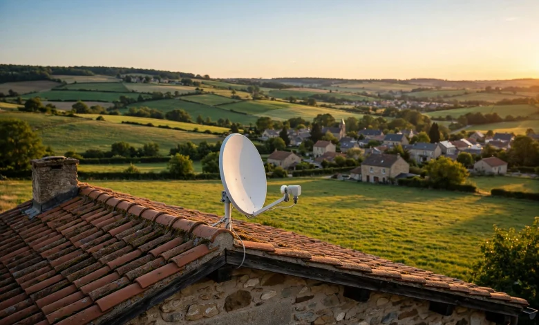 Satellite dish on a rural farmhouse roof at golden hour