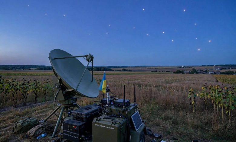 Satellite communications terminal in Ukraine with satellites visible in the evening sky